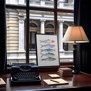 May include: A framed watercolor painting of five colorful fish, each with a different pattern, arranged vertically in a row. The fish are all facing to the right. The background is white.