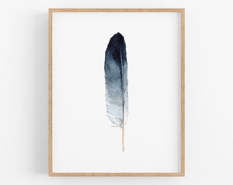 Indigo Feather Art Print. Minimalist Nature Decor. Watercolor Feather Art. Masculine Wall Art. Blue Modern Home Decor. Feather Watercolor.