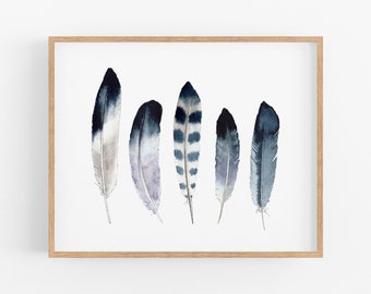 Watercolor Blue Feather Art Print. Watercolor Feathers. Nature Gallery Wall Art. Indigo Watercolor Feather Art. Peaceful Nature Office Decor