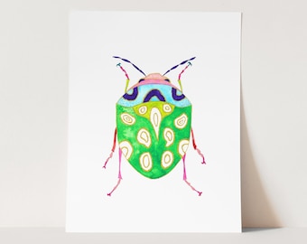 Lámina artística de escarabajo verde. Arte de insectos coloridos. Decoración llamativa y vibrante para la habitación de los niños. Insecto en acuarela. Lámina artística de escarabajo en acuarela. Lámina artística para la habitación de los niños.