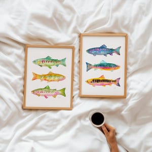 Vibrant Watercolor Trout Art Print Set of 2. Colorful Fish Paintings. Fisherman Framed Art. Fishing Painting Decor. Gift for Dad Wall Art. image 7