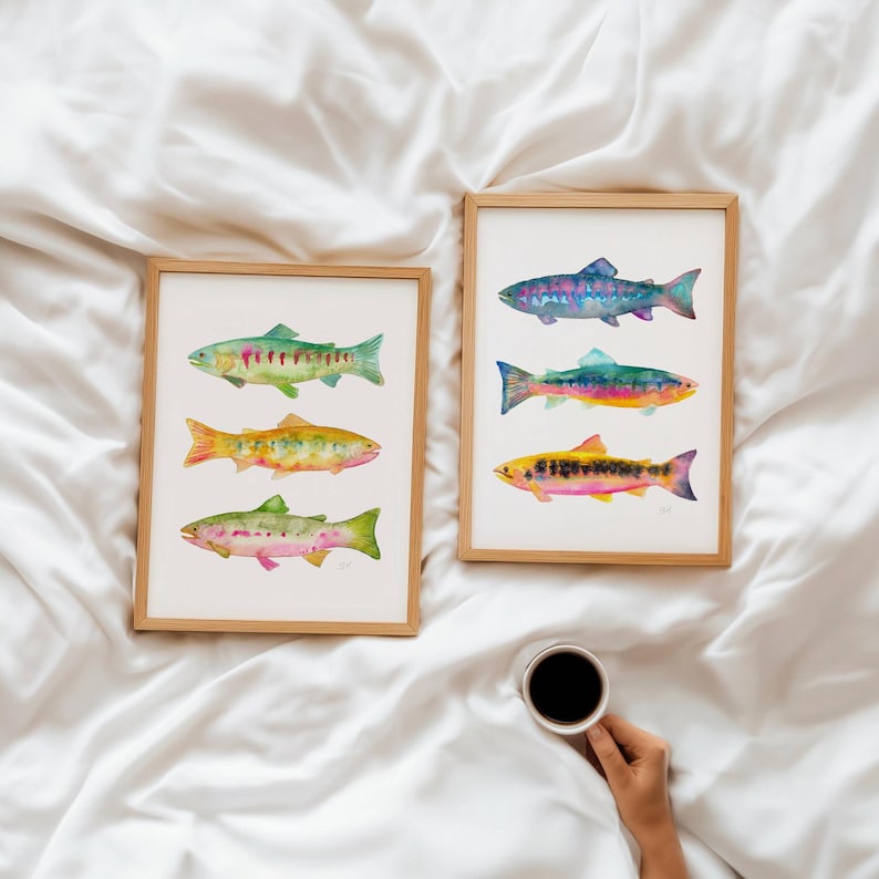 Vibrant Watercolor Trout Art Print Set of 2. Colorful Fish Paintings. Fisherman Framed Art. Fishing Painting Decor. Gift for Dad Wall Art. image 7