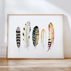 Beautiful Watercolor Feathers Art Print. Black White Tan Feather Art.  Boho Feather Painting. Yoga Studio Art.  Bird Enthusiast Art