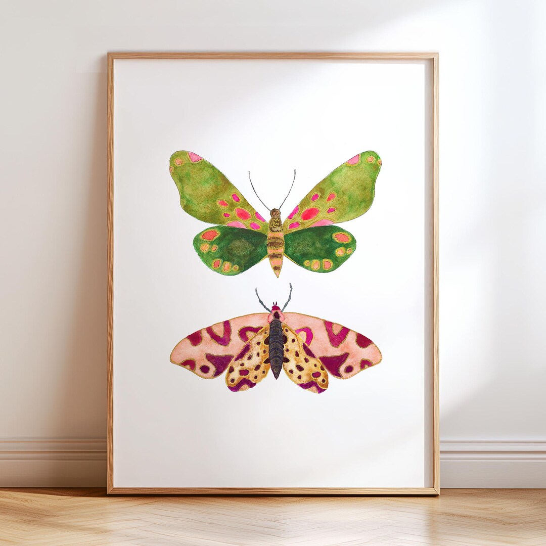 Colorful Watercolor Moths Art Print. Green Pink Moth Wall Art. Nursery ...