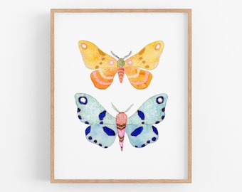 Yellow and Blue Moth Art Print. Cute Bug Art. Nursery Decor. Watercolor Moths. Nature Art. Kids Wall Art. Playroom Decor.