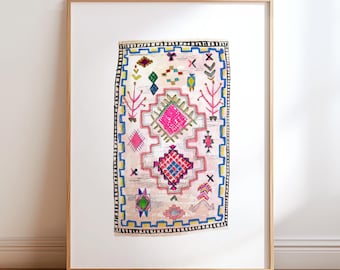 Colorful Watercolor Rug Art Print. Pink Blue Yellow Moroccan Rugs Painting Boucherouite Rug Wall Art. Modern Girls Room Decor Boho Rug Print