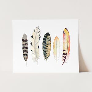 Feather Watercolor Art Print. Boho Style Feather Art. Neutral Black and White Feather Wall Art. Gift for Him. Gift for Her. Yoga Studio Art.