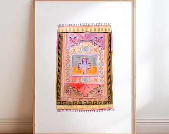 Vibrant Watercolor Moroccan Rug Art Print. Orange Pink Rug Painting. Colorful Boho Rugs Wall Decor. Modern Nursery Room Art. Antique Rug.