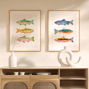 Vibrant Watercolor Trout Art Print Set of 2. Colorful Fish Paintings. Fisherman Framed Art. Fishing Painting Decor. Gift for Dad Wall Art. image 7