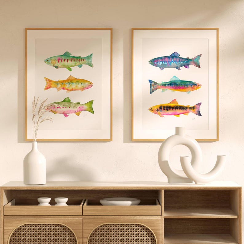 Vibrant Watercolor Trout Art Print Set of 2. Colorful Fish Paintings. Fisherman Framed Art. Fishing Painting Decor. Gift for Dad Wall Art. image 7