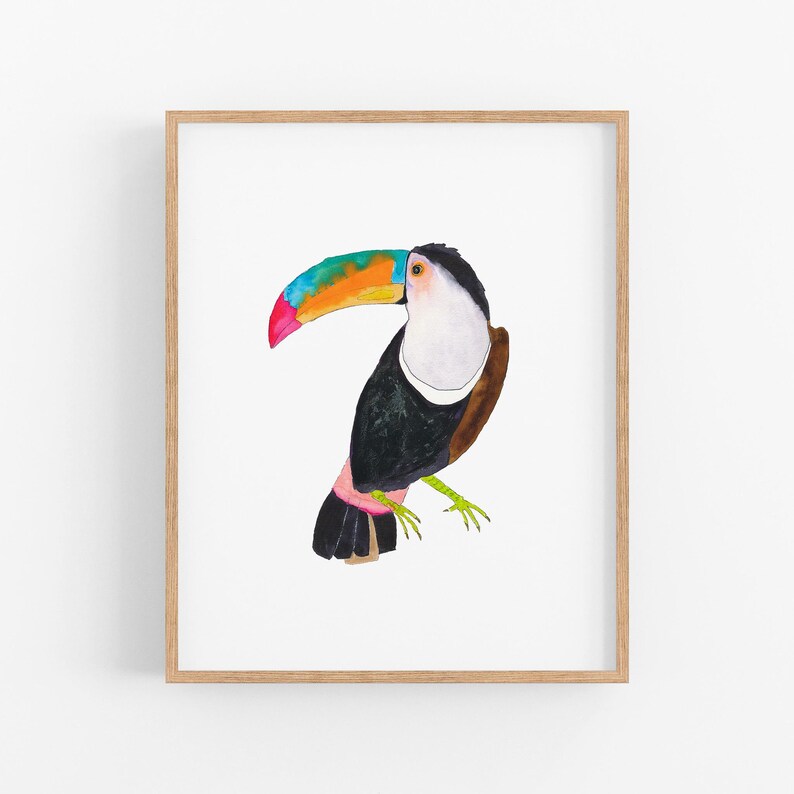 Aquarelprint van een toekan. Muurdecoratie met tropisch regenwoudmotief. Tropische decoratie. Schilderij van een toekan. Kunst voor de kinderkamer. Tropische muurdecoratie voor een galerij. afbeelding 2