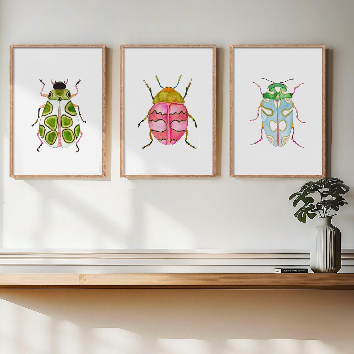 Vibrant Watercolor Beetle Art Print Set of 3. Green Pink Blue Beetles ...