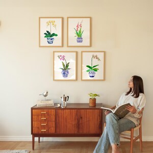Beautiful Watercolor Orchids Art Print Set of 4. Blue White Ginger Jar Paintings. Home Decor Gift for Mom. Botanical Prints. Orchid Wall Art zdjęcie 6