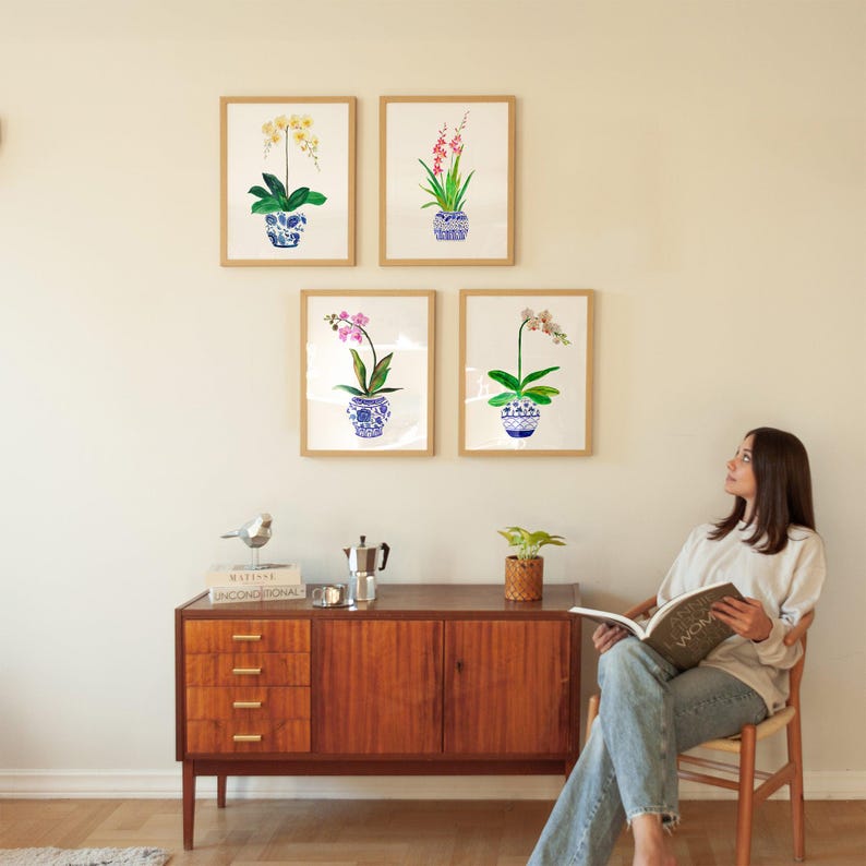 Beautiful Watercolor Orchids Art Print Set of 4. Blue White Ginger Jar Paintings. Home Decor Gift for Mom. Botanical Prints. Orchid Wall Art zdjęcie 6