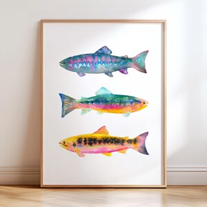 Vibrant Watercolor Trout Art Print Set of 2. Colorful Fish Paintings. Fisherman Framed Art. Fishing Painting Decor. Gift for Dad Wall Art. image 3