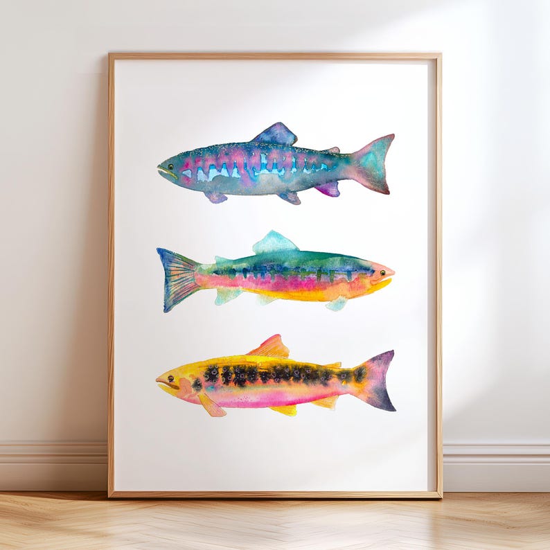 Vibrant Watercolor Trout Art Print Set of 2. Colorful Fish Paintings. Fisherman Framed Art. Fishing Painting Decor. Gift for Dad Wall Art. image 3