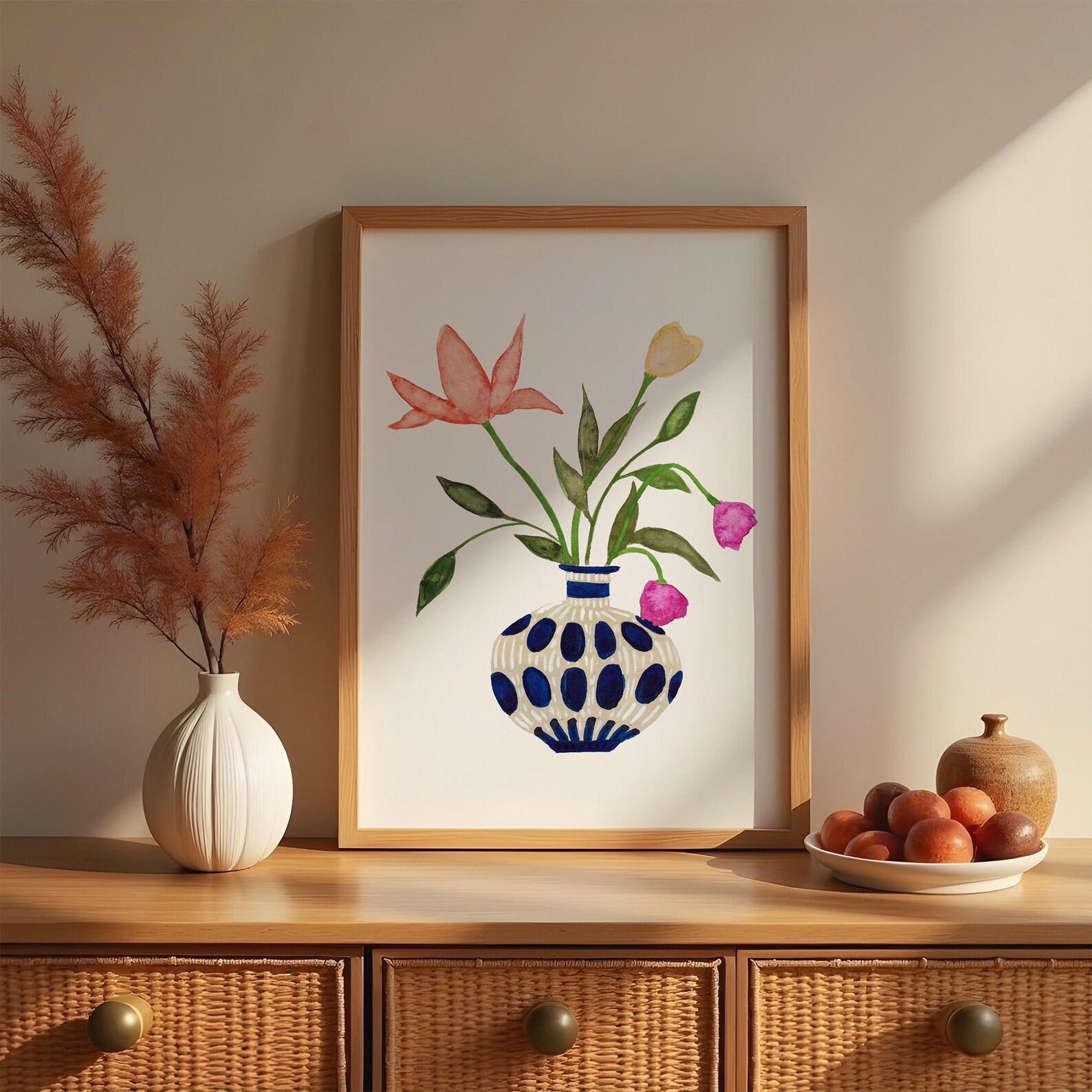Colorful Watercolor Floral Wall Art Print. Flower in Blue Vase Painting ...