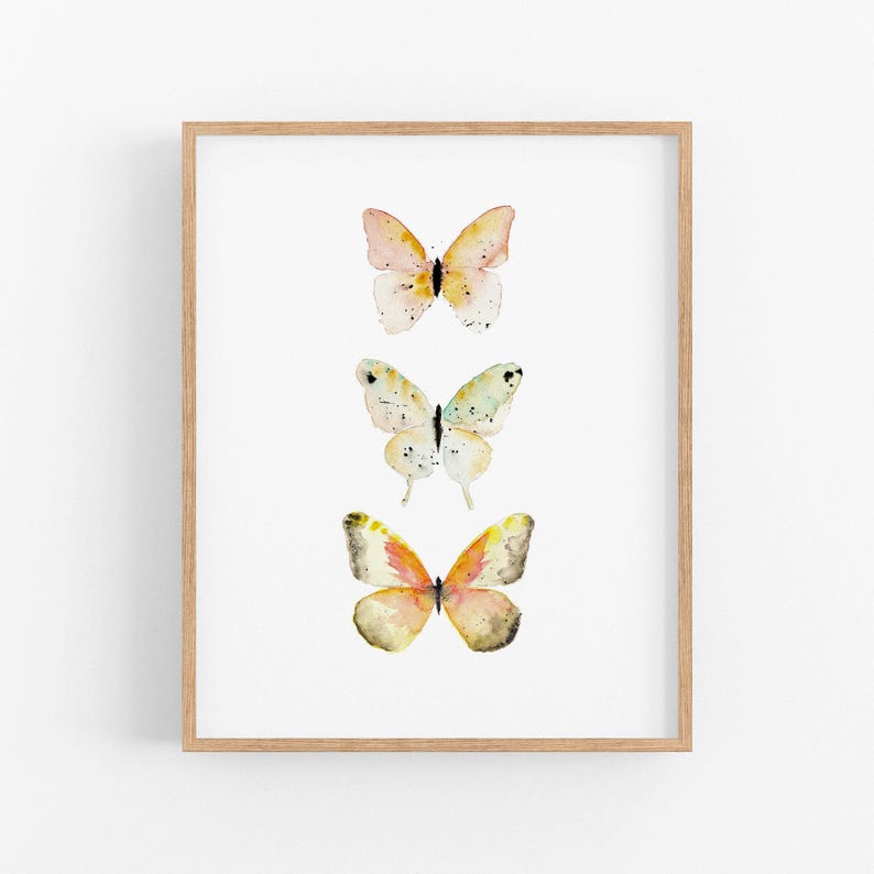 Pastel Watercolor Butterfly Wall Art. Three Butterflies Soft Orange ...