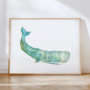 Vibrant Watercolor Whale Art Print. Teal Sperm Whale Wall Art. Cute Kids Room Decor. Nursery Ocean Animal Painting. Nautical Prints.