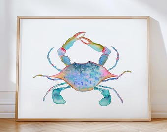 Vibrant Watercolor Blue Crab Art Print. Blue Pink Green Crab Wall Art. Colorful Blue Crab Painting. Beach House Decor. Coastal Artwork.