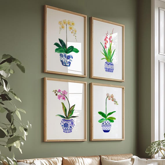Beautiful Watercolor Orchids Art Print Set of 4. Blue White Ginger Jar Paintings. Home Decor Gift for Mom. Botanical Prints. Orchid Wall Art