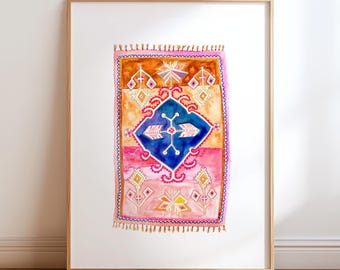Brightly Colored Watercolor Rug Art Print. Brown Orange Pink Moroccan Rug Painting. Nursery Room Decor. Modern Boho Rug Wall Art.