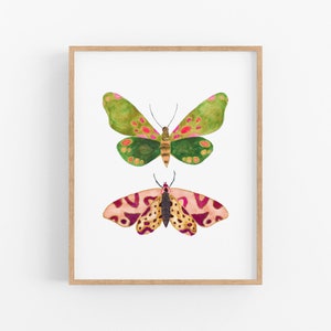 Pink and Green Moth Art Print. Pretty Bug Art. Nursery Decor. Watercolor Moths. Nature Art. Kids Wall Art. Playroom Decor. Pink / Green Art. image 1