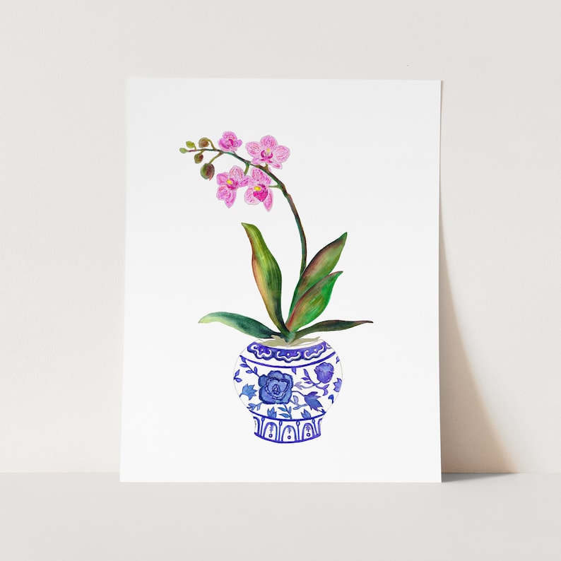 Orchid in Blue and White Vase Watercolor Art Print. Ginger Jar with Orchids. Mother's Day Gift. Traditional Home Decor. Floral Watercolor. image 2