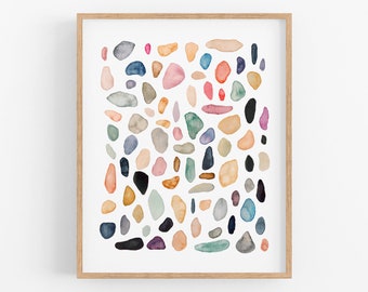 Ocean Pebbles Art Print. Coastal Decor. Beach House Art. Beach Pebbles Watercolor Wall Art. Modern Home Decor. Contemporary Coastal Artwork.