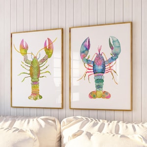 Vibrant Watercolor Lobsters Art Print Set of 2. Green, Pink, Blue Lobster Wall Art. Colorful Coastal Decor Prints. Maine Lobster Painting.