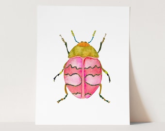 Watercolor Beetle Art Print. Bright Pink Bug Art. Watercolor Beetle Art Print. Kids / Girl Room Decor. Beetle Wall Art. Colorful Insect Art.