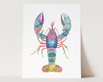 Nautical Lobster Watercolor Art Print, Beach House Coastal Decor, Fisherman Decor