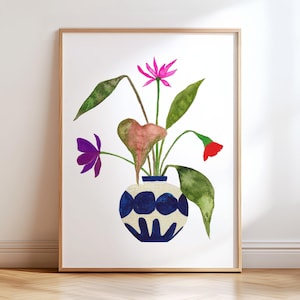 Colorful Watercolor Flower Art Print. Flowers in Blue Vase Painting. Floral Art. Unique Bouquet Garden Wall Hangings. Wall Art Gifts for Mom