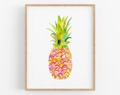 Pink Pineapple Watercolor Print. Unique Kitchen Decor. Pineapple Wall Art. Fruit Painting. Playful Pink Pineapple Art. Modern. Gift for Her.