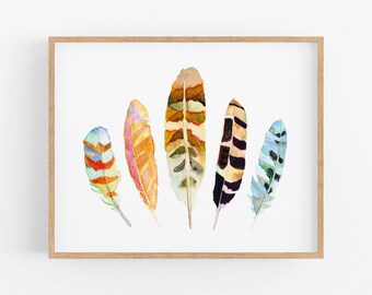 Feather Art Print. Earthy Watercolor Feather Wall Art. Colorful Feather Painting. Nature Decor. Gallery Wall Art Print. Nursery Wall Art.