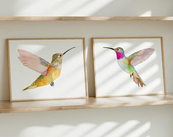 Vibrant Watercolor Hummingbird Art Print Set of 2, Rufous and Broad-Tailed Hummingbirds Decor, Colorful Bird Painting, Bird Lovers Wall Art
