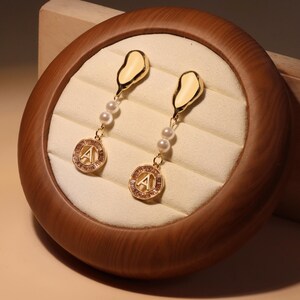 Personalized Double Initial Earrings, Dainty Gold Plated Brass Pearl Drop