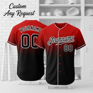May include: Two baseball jerseys, one facing the back and the other the front. The jerseys are red at the top, fading to black at the bottom. The back jersey has "YOURNAME" and "00" in white. The front jersey has "Teamname" and "00" in white.