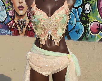 Fairy Rave Set, Mermaid Festival Outfit, Festival Costume Set, Rhinestone Bra Skirt Set, Butterfly Top Set, Rave Costume, Fantasy Outfit