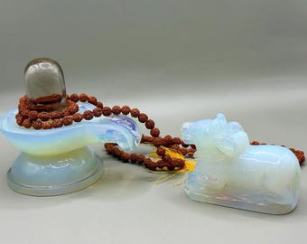 Conjunto combinado Opalite Shivling Nandi, ídolo de cristal tallado a mano, Rudraksha Mala