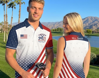 Benutzerdefinierte Name amerikanische Flagge Paar Polo, passendes Adler 250. Jahrestag Shirt, personalisierte Ehemann Frau Golf Geschenk, Best Dad by Par Top