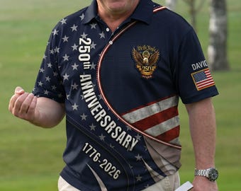 Custom Name American Flag Men's Polo Shirt, Embroidered Father's Day Gift, Personalized Grandpa Golf Top, Moisture Wicking Tennis Dad Tee