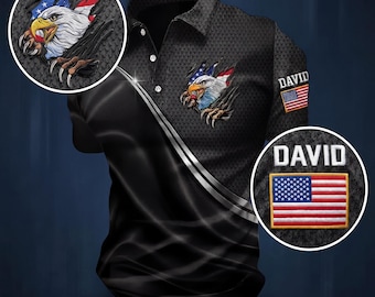 Polo de golf personalizado con águila, regalo personalizado para el Día del Padre, camiseta con nombre y bandera estadounidense, regalo patriótico para papá, polo de hombre con nombre bordado.