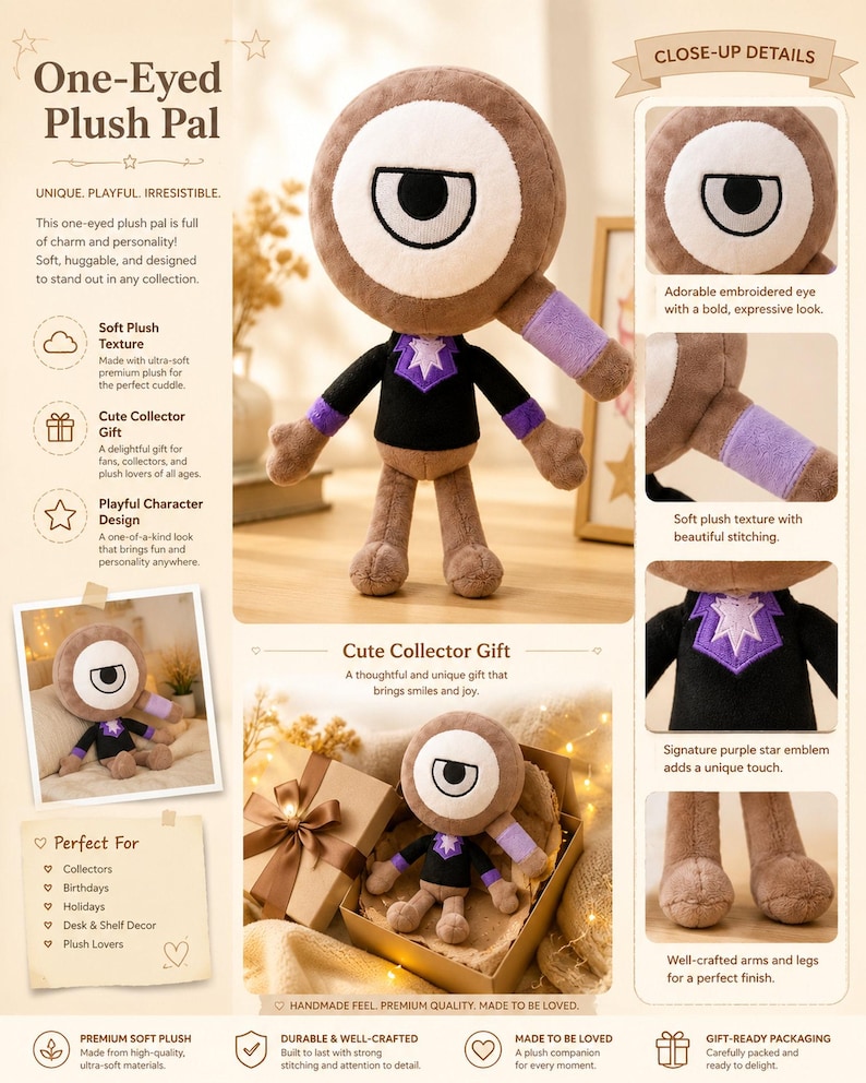 May include: A plush toy with one large eye, brown body, black shirt, and purple accents. The plush has a star emblem and is designed to be soft and huggable. The text says "One-Eyed Plush Pal."
