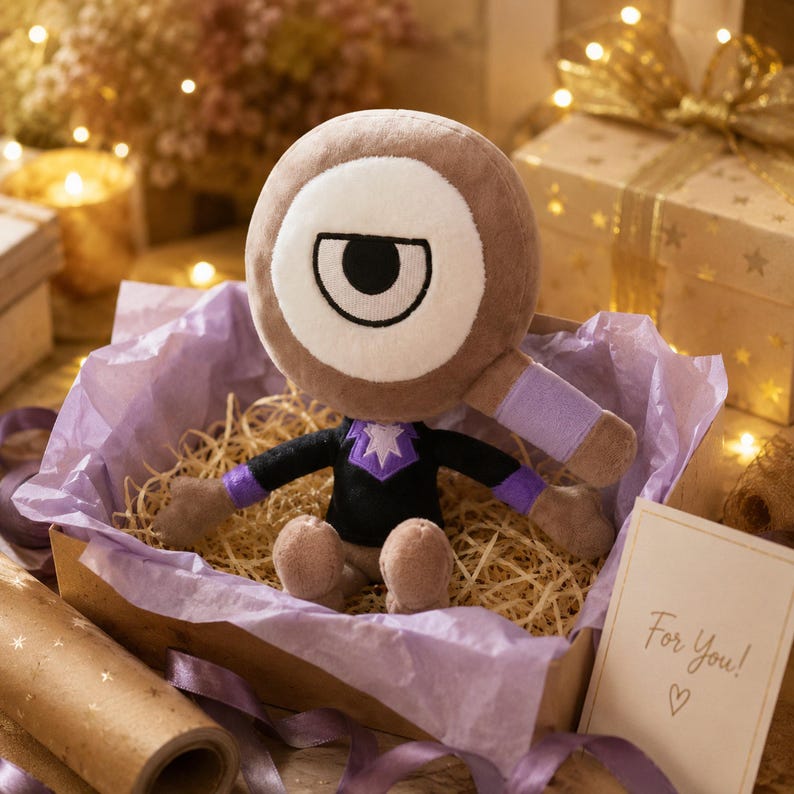 May include: A plush toy with a large, round, brown head and a single white eye with a black pupil. The toy is wearing a black outfit with purple accents and is presented in a gift box with purple tissue paper. A card with "For You!" is visible.
