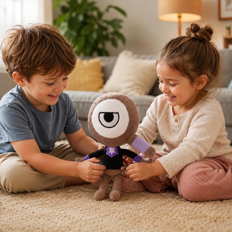 May include: A plush doll with a large, round, brown head featuring a single white eye with a black pupil. The doll has a black shirt, purple arms, and tan legs. Two children are holding the doll on a beige carpet.
