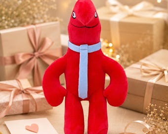 Funny Muscle Lobster Plush with Tie, Cute Red Crawfish Stuffed Animal, Dapper Marine Sea Creature Toy, Nautical Nursery Decor, Quirky Gift