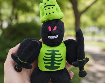 1x1x1x1 Roblox Forsaken Plush, Skeleton Hacker Toy with Twin Swords & Green Domino Crown, Custom Gamer Gift, Geeky Room Decor Stuffed Animal