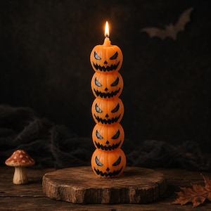 May include: A tall, cylindrical pillar candle made of orange wax, featuring a stack of five carved pumpkin shapes. Each pumpkin has a hand-painted black jack-o'-lantern face with triangular eyes and a jagged mouth. A single flame burns at the top.