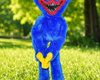 Huggy Wuggy Plush Toy, Poppy Playtime Blue Monster Stuffed Doll, Creepy Horror Game Character Plushie, Gamer Room Decor, Unique Geek Gift
